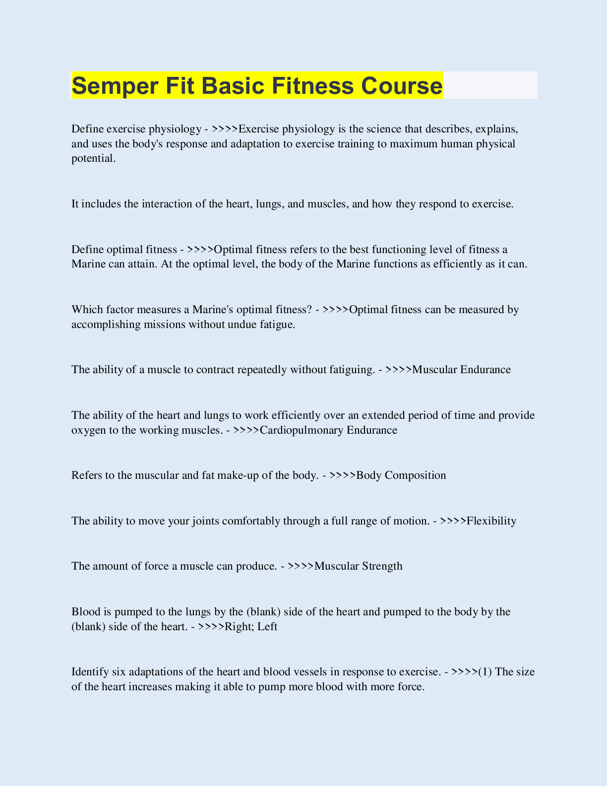 Preview image for Semper Fit Basic Fitness Course  | 160 Questions with 100% Correct Answers | Updated & Verified | 22 Pages